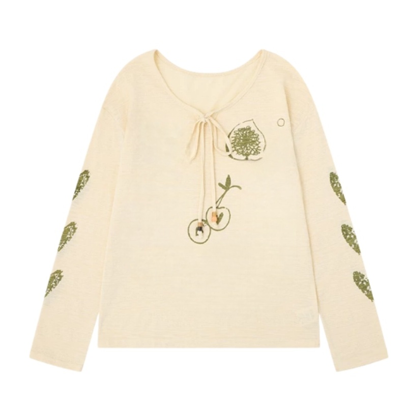 Fruit-Print Long-Sleeve Top With Ties — Apricot