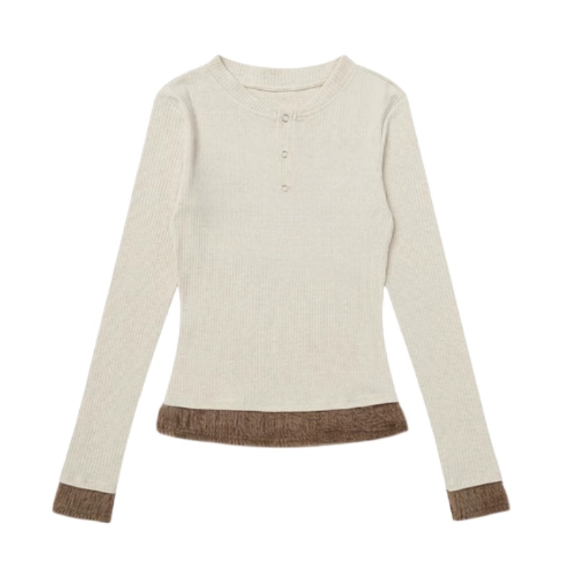 Fuzzy-Paneled Knit Long-Sleeve — Apricot