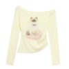Ragdoll Cat Print Off-Shoulder Long-Sleeve Top — Yellow
