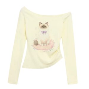 Ragdoll Cat Print Off-Shoulder Long-Sleeve Top — Yellow
