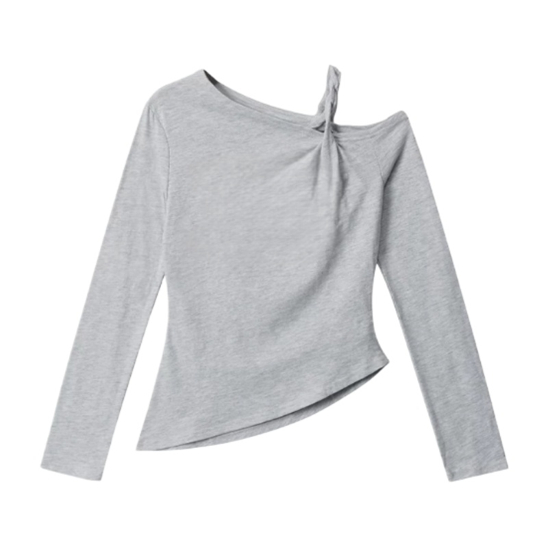 Irregular Twisted Off-Shoulder Long-Sleeve Top — Gray