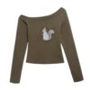 Retro Squirrel Print Long-Sleeve Top