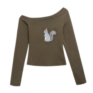 Retro Squirrel Print Long-Sleeve Top