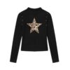 Stylish Leopard Print & Star Long-Sleeve Top — Black