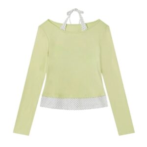 Y2k Slim-Fit Polka Dot Patchwork Long-Sleeve Top — Green