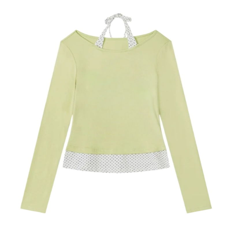 Y2k Slim-Fit Polka Dot Patchwork Long-Sleeve Top — Green