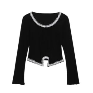 Slim-Fit Long-Sleeve Top With Lace Paneling — Black