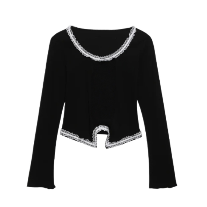Slim-Fit Long-Sleeve Top With Lace Paneling — Black