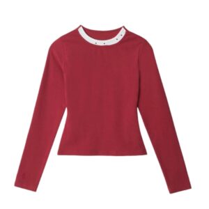 Polka-Dot Patchwork Casual Long-Sleeve Top — Red